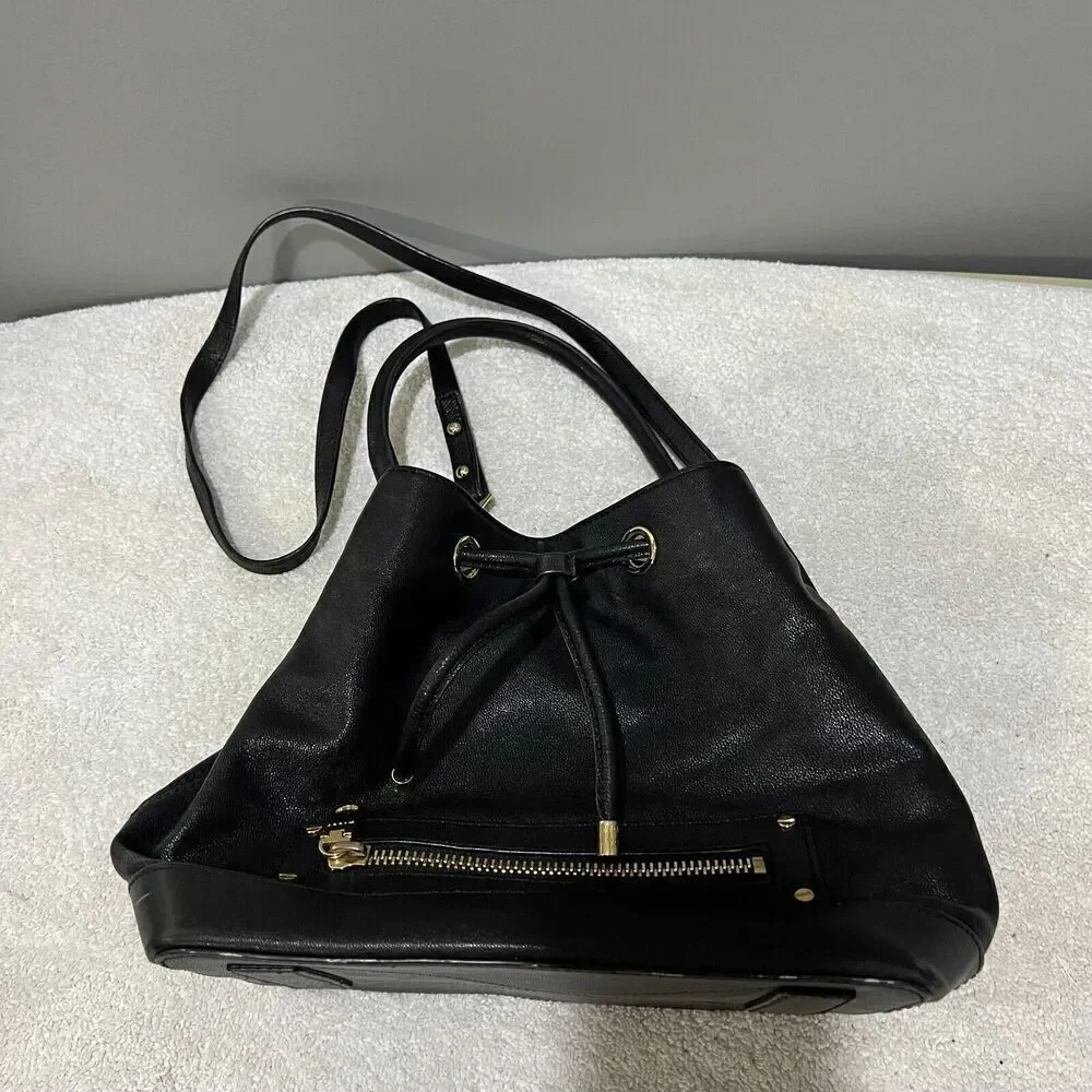 Milly Womens Black Leather Bucket Drawstring Bag Gold Crossbody Convertible